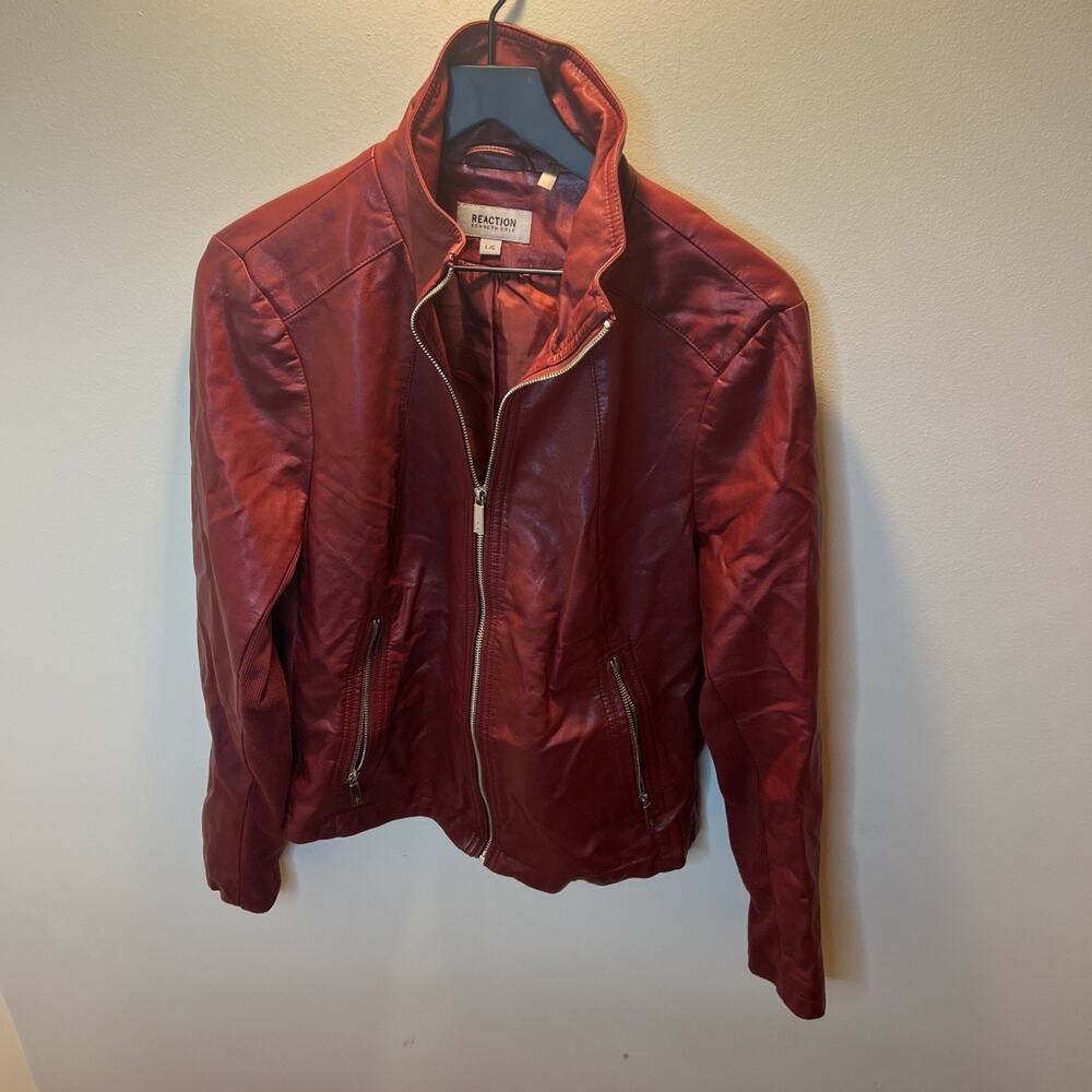 Kenneth Cole Reaction Women's Red Leather Full Zip Moto Jacket Size L